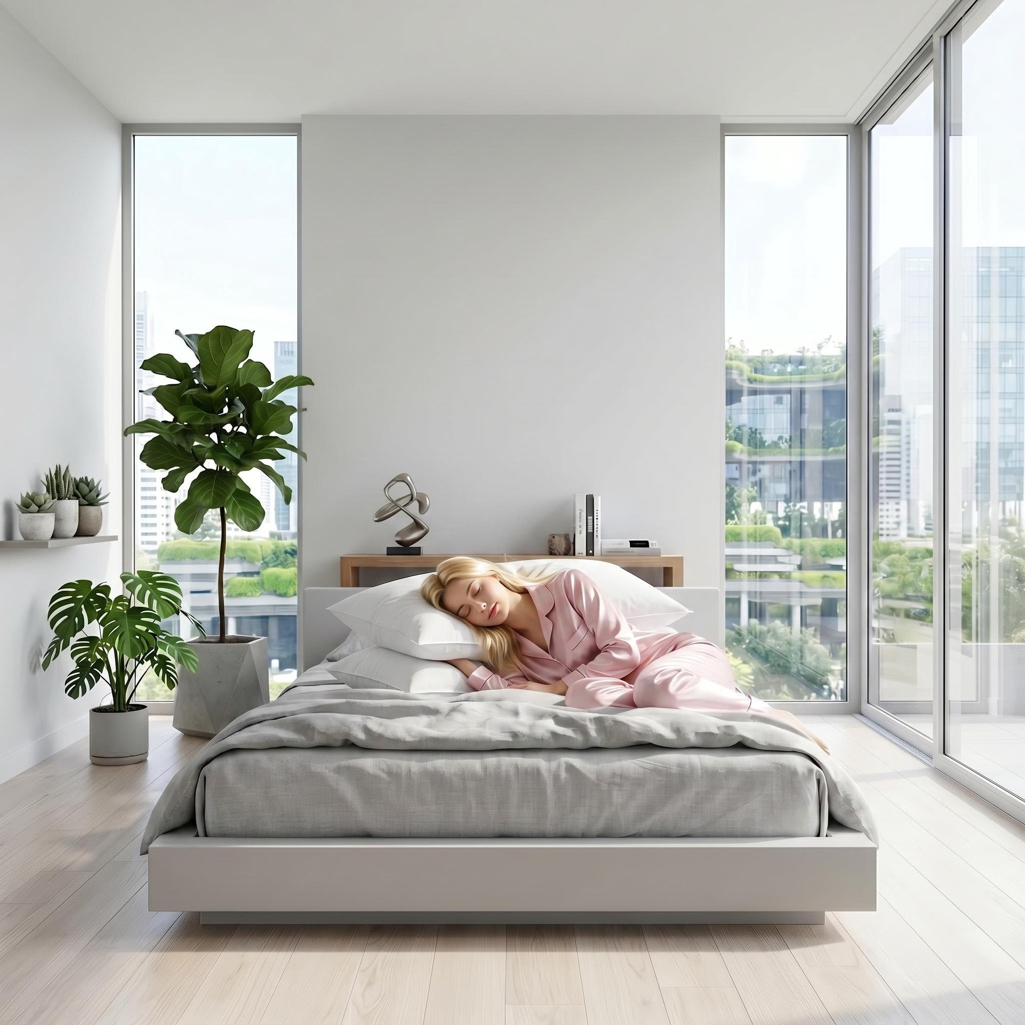 Blonde woman sleeping peacefully on a queen-size bed with a white CozyNest Body Pillow and gray bedding in a bright, modern bedroom.