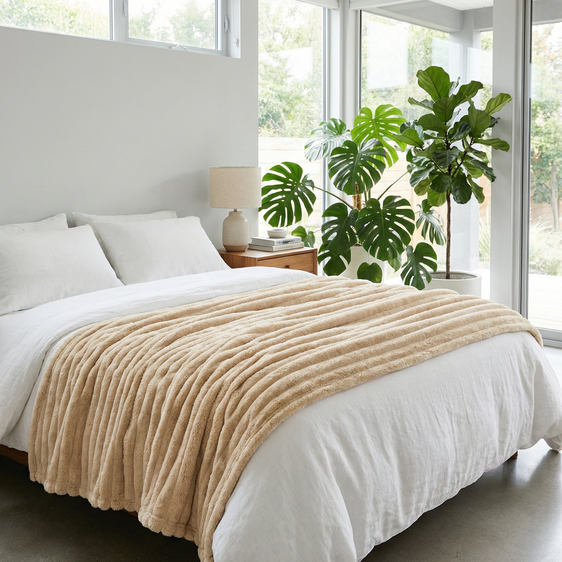 CozySoft Double-Sided Blanket in a ribbed, plush beige texture draped over a white bed.