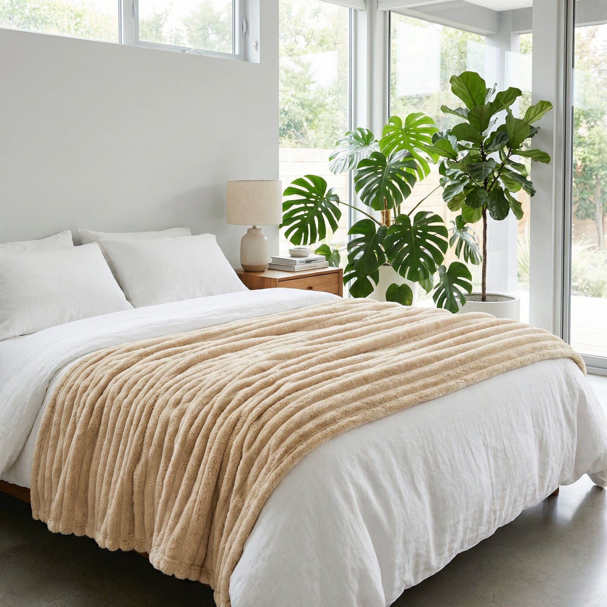 CozySoft Double-Sided Blanket in a ribbed, plush beige texture draped over a white bed.