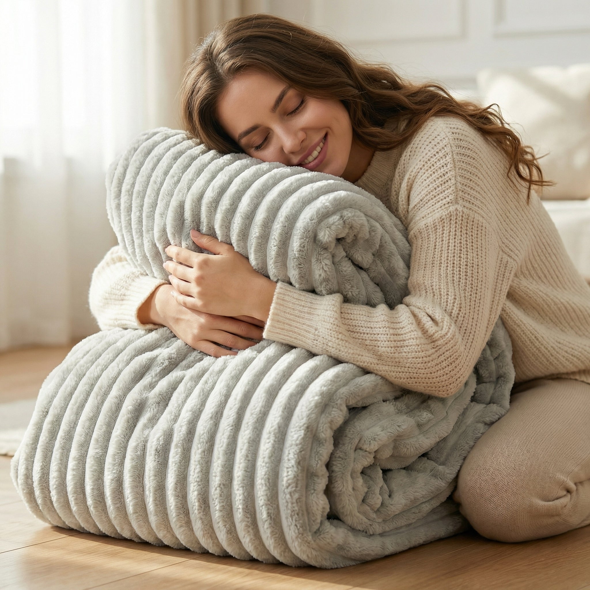 Smiling woman hugging a soft, light gray CozySoft Double-Sided Blanket with a ribbed plush texture.