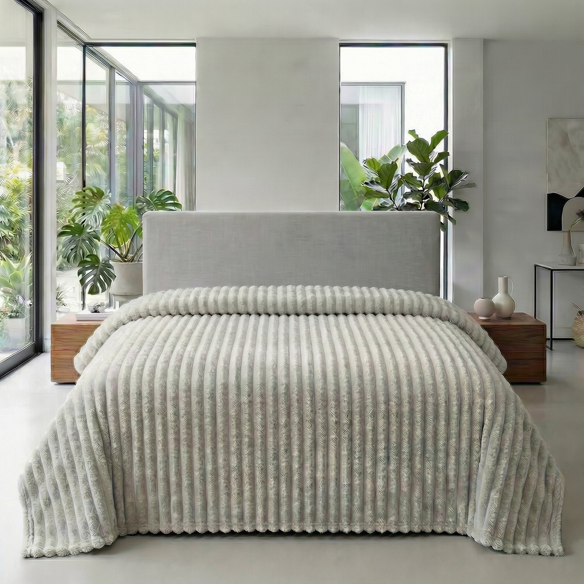 CozySoft Double-Sided Blanket in light gray, featuring a plush, ribbed texture on a bed in a modern room.