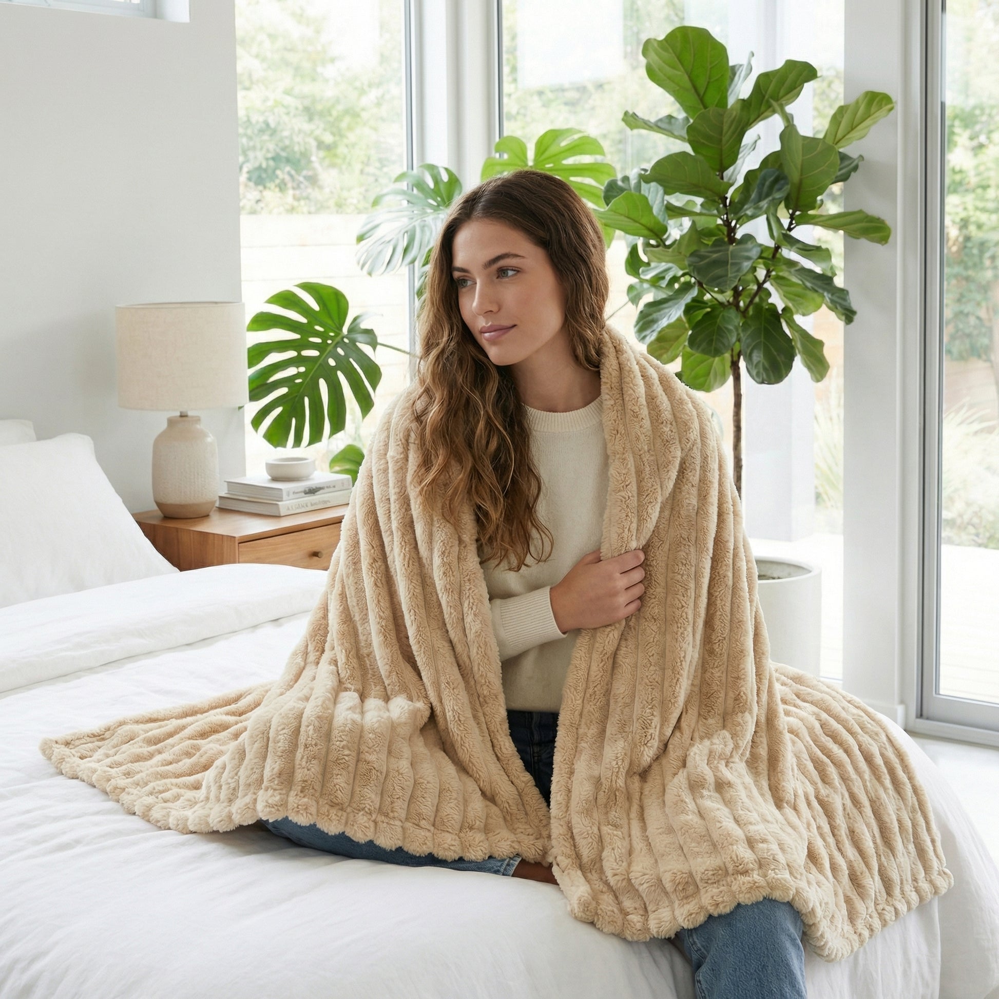 CozySoft Double-Sided Blanket in a plush, ribbed beige, draped over a woman on a bed.