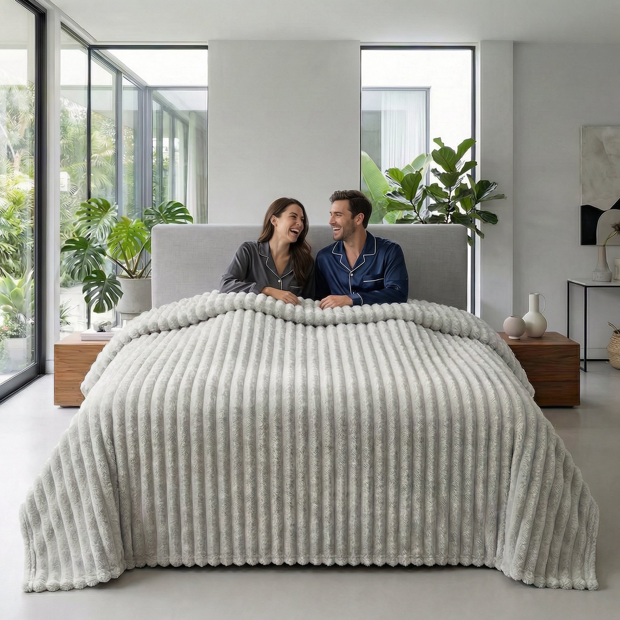 CozySoft light gray plush blanket on a bed with a smiling couple in pajamas.