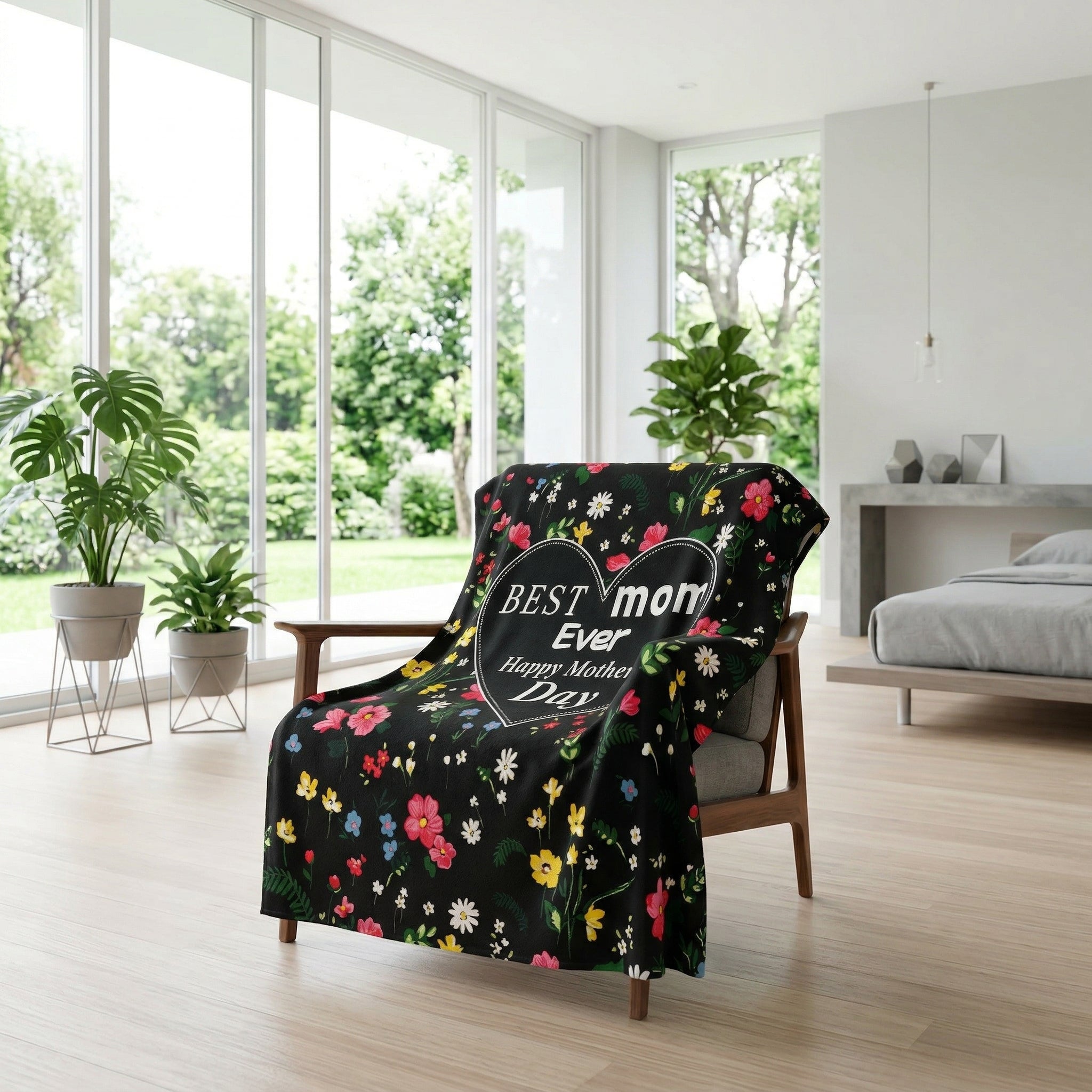 Black flannel throw blanket with a colorful floral pattern and "BEST mom EVER Happy Mother Day" text.