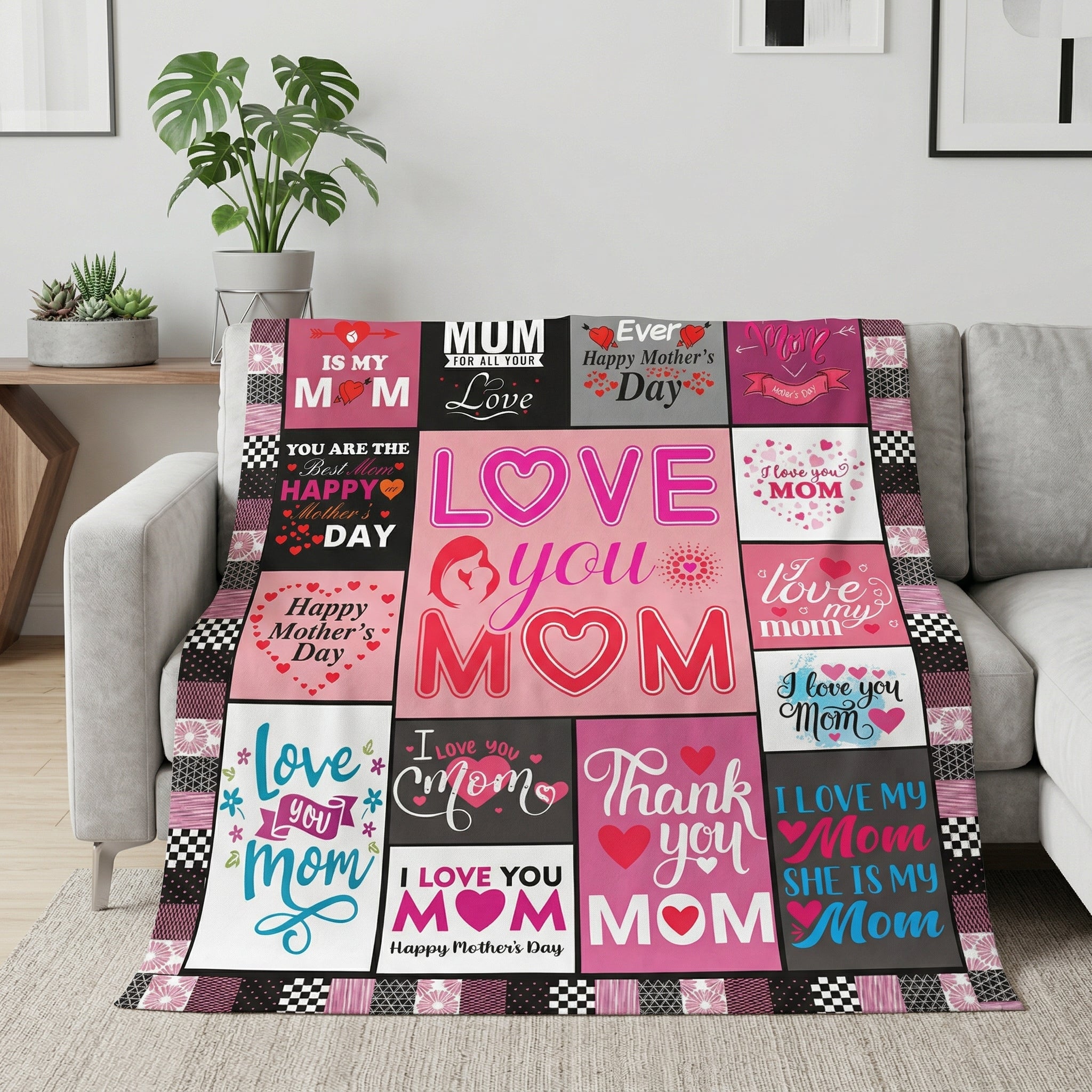 CozySoft Flannel Throw Blanket with "Love You Mom" and Mother's Day messages in pink, black, and white.