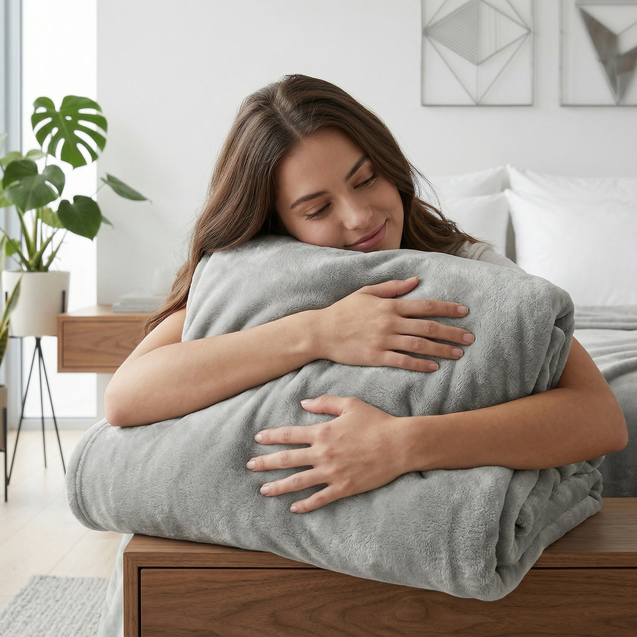 Woman hugging a soft, cozy gray microfiber flannel throw blanket in a modern bedroom.
