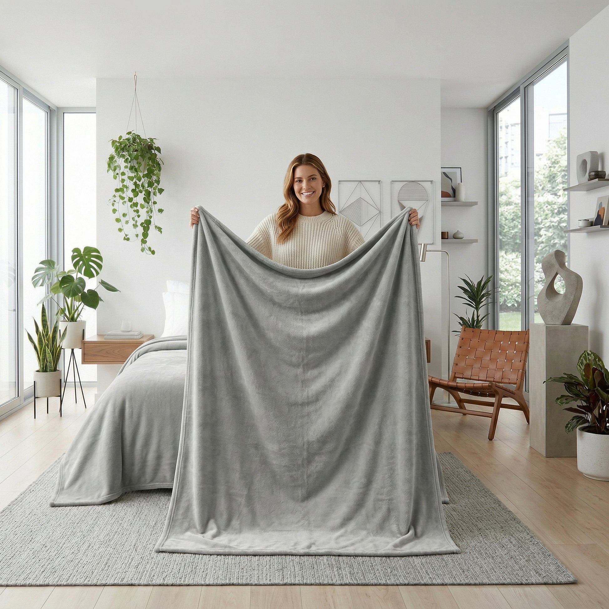 Smiling woman holding up a soft, light gray CozySoft Flannel Throw Blanket in a modern bedroom.