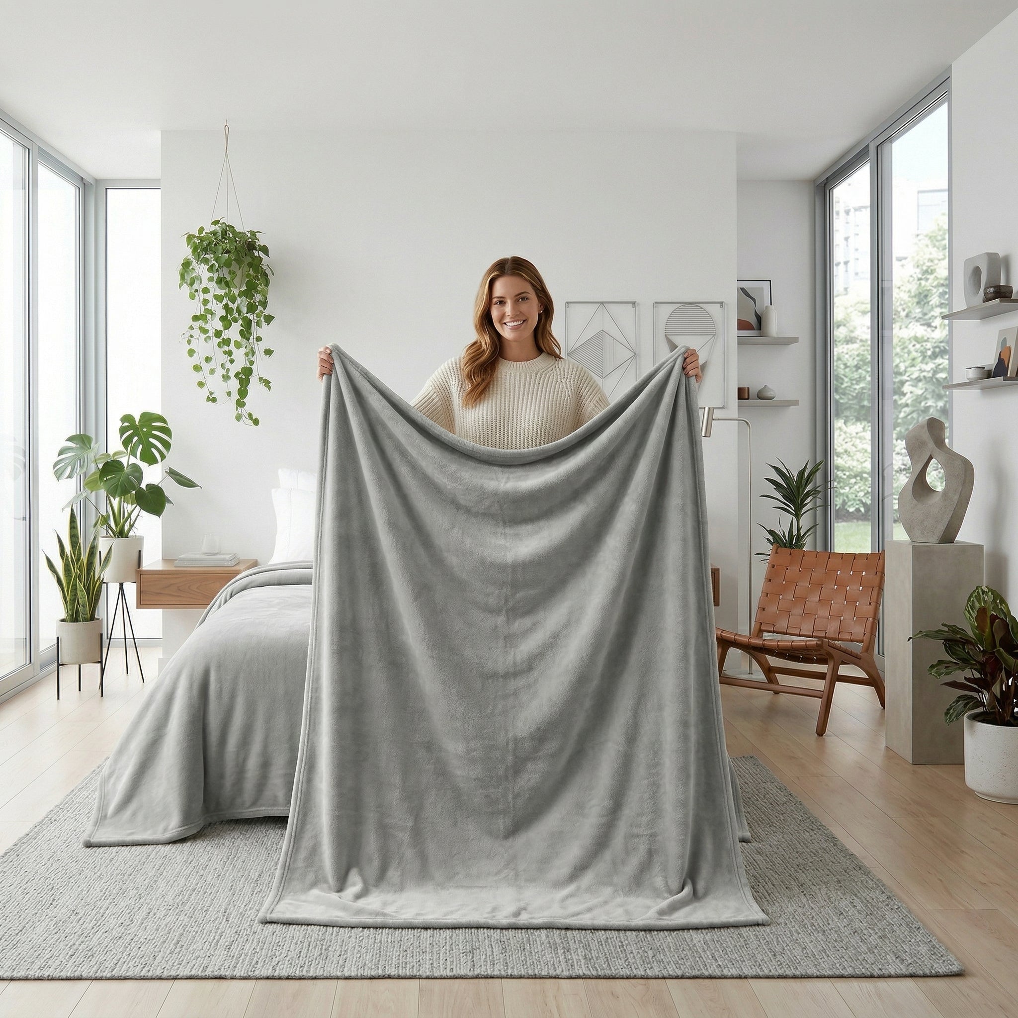 Smiling woman holding up a soft, light gray CozySoft Flannel Throw Blanket in a modern bedroom.
