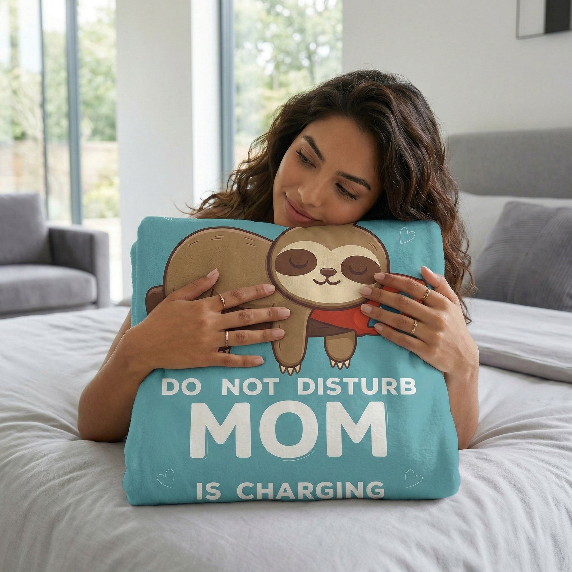 Woman hugging a blue throw blanket with a sleeping sloth and "DO NOT DISTURB MOM IS CHARGING" text.