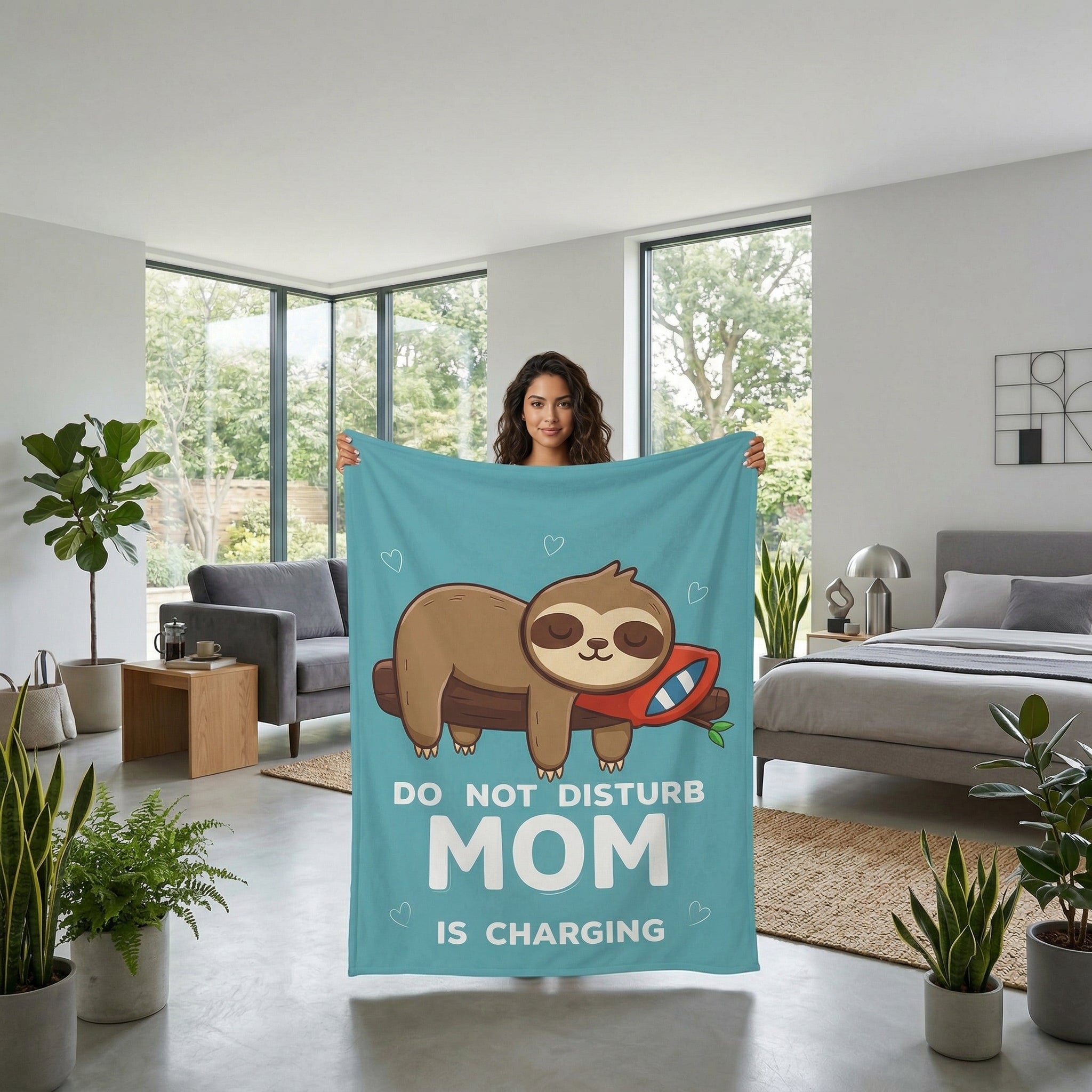 Woman holding a turquoise flannel throw blanket with a sleeping sloth and "DO NOT DISTURB MOM IS CHARGING" text.