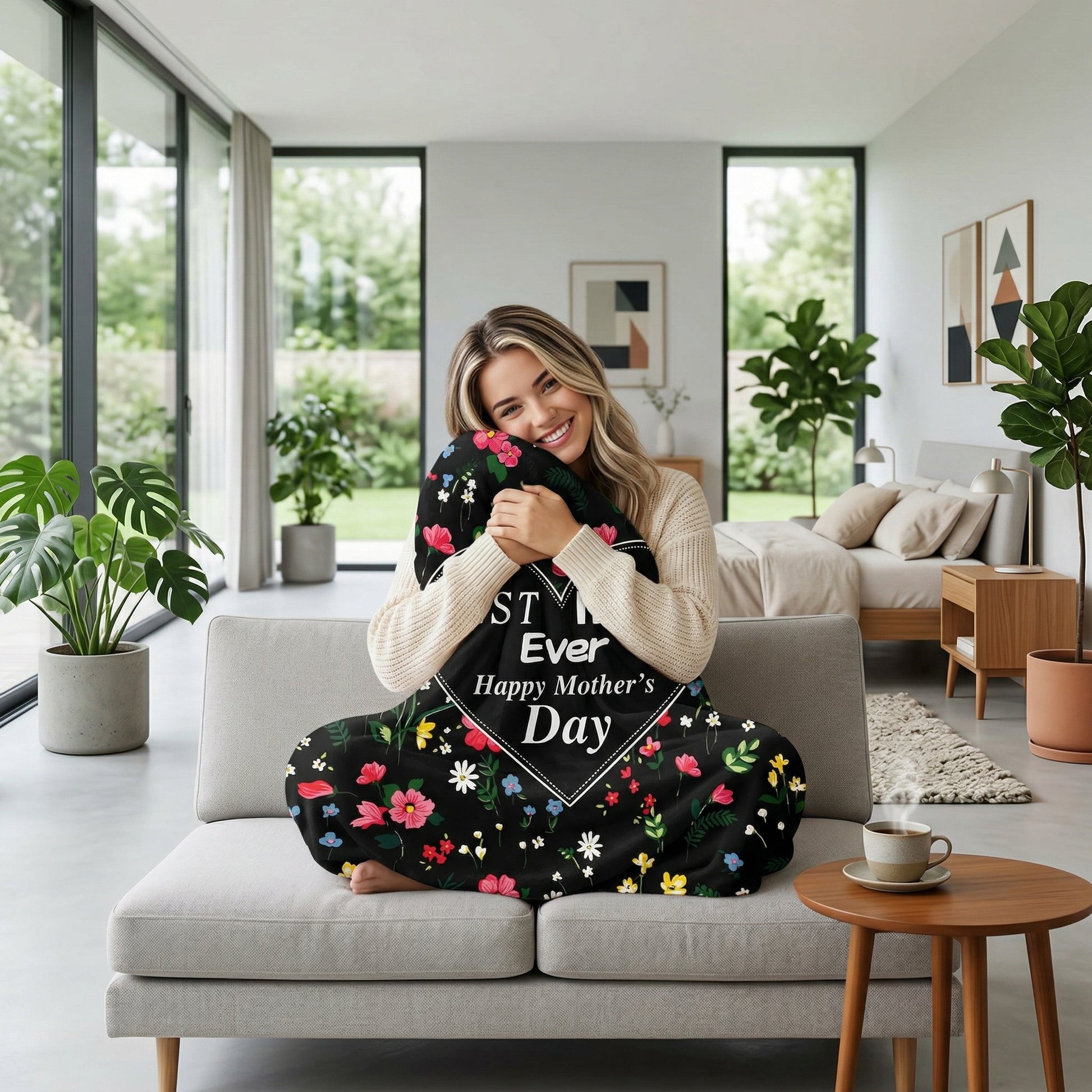 Smiling woman on a sofa holding a black floral throw blanket with "Best Mom Ever Happy Mother's Day" text.