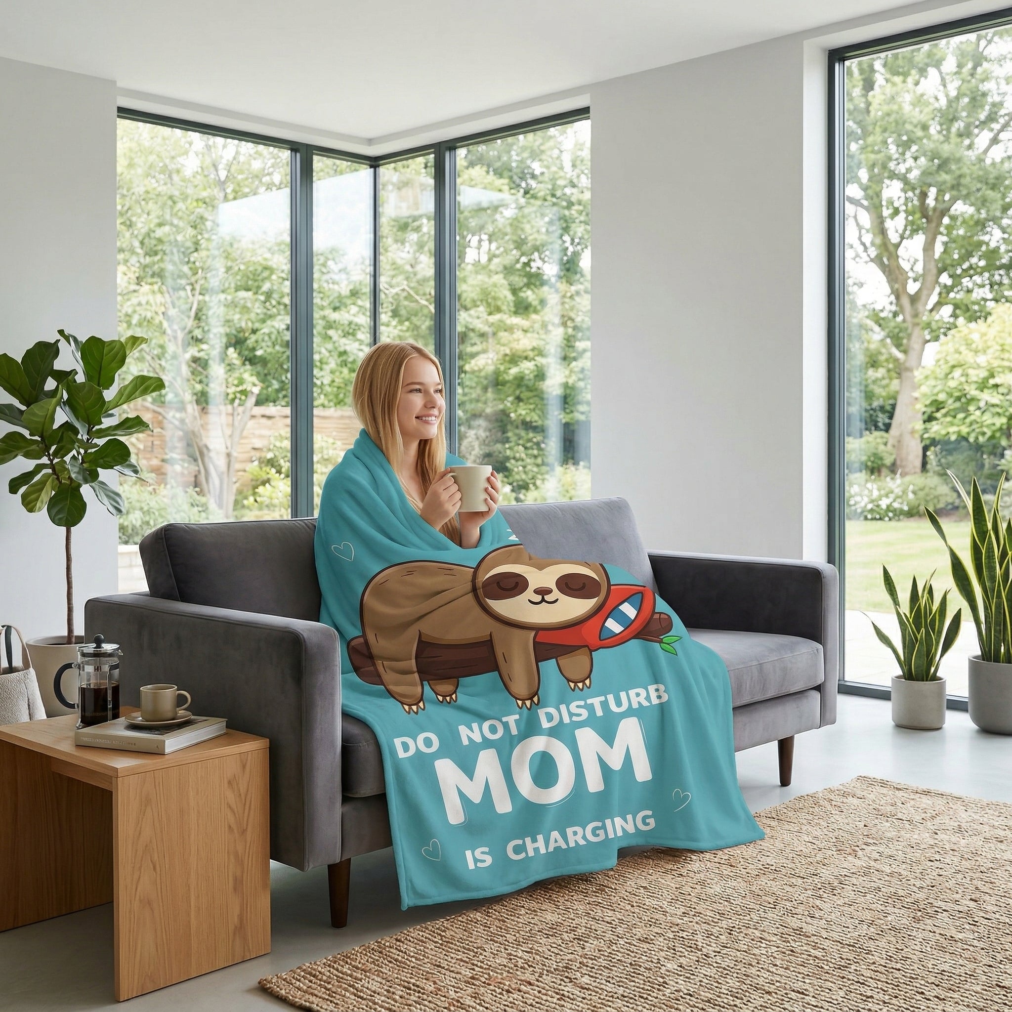 Woman on a gray sofa wrapped in a turquoise flannel throw blanket with a sleeping sloth and "DO NOT DISTURB MOM IS CHARGING" text.