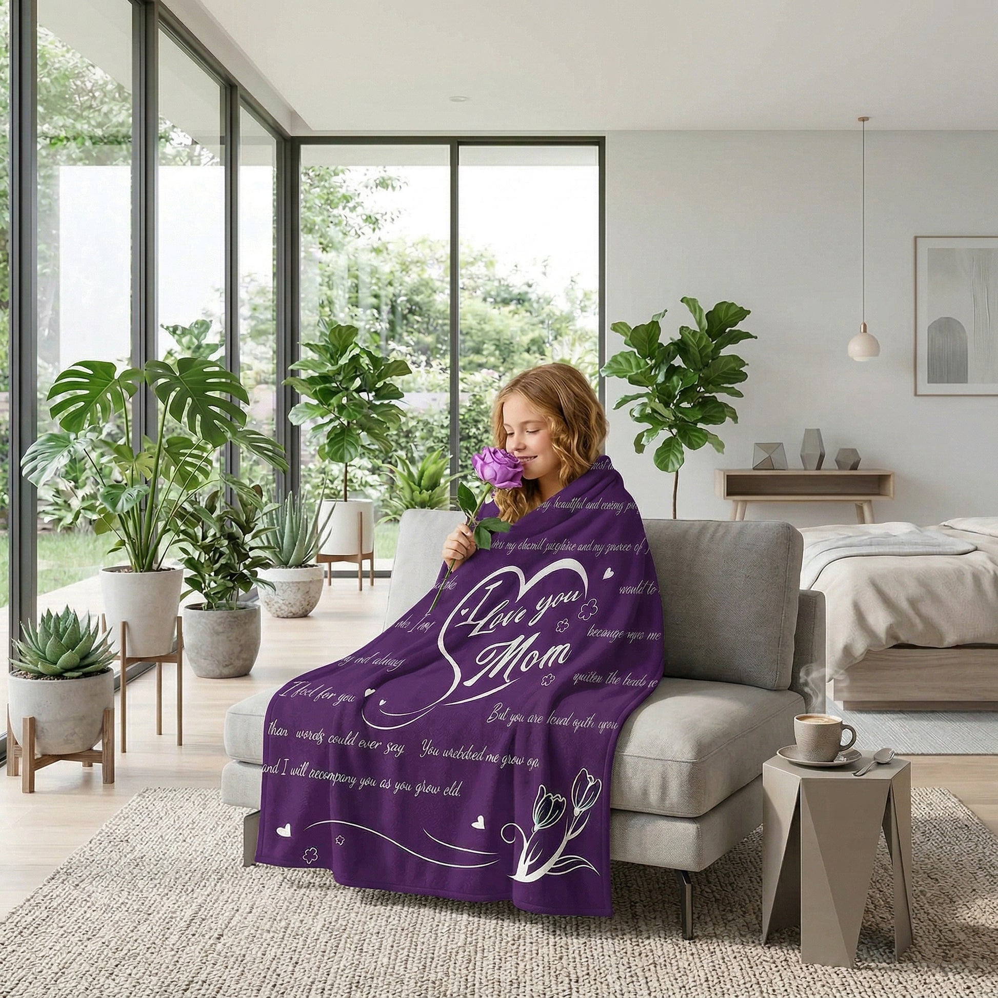 Young girl wrapped in a purple "I Love You Mom" flannel throw blanket, holding a purple flower.