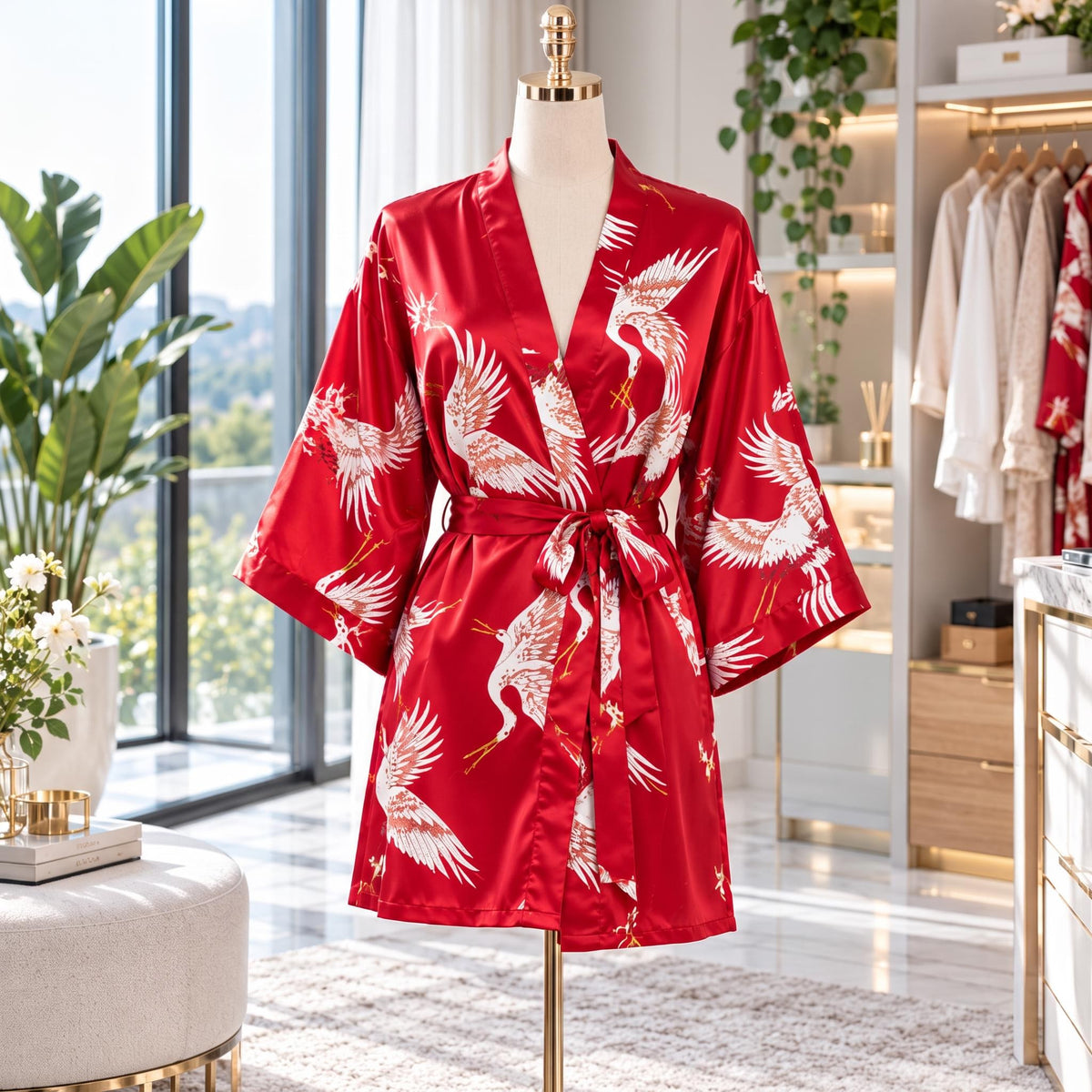 Crane Print Silk Kimono Robe with Adjustable Tie Belt-Women's Robes-Glompi-Glompi