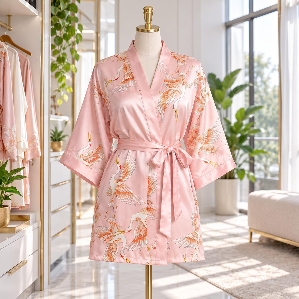 Crane Print Silk Kimono Robe with Adjustable Tie Belt-Women's Robes-Glompi-Glompi