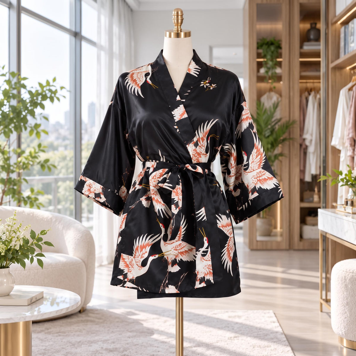 Crane Print Silk Kimono Robe with Adjustable Tie Belt-Women's Robes-Glompi-Glompi