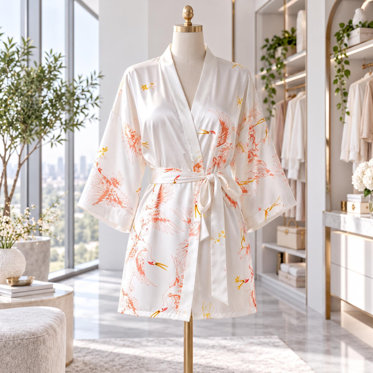 Crane Print Silk Kimono Robe with Adjustable Tie Belt-Women's Robes-Glompi-Glompi