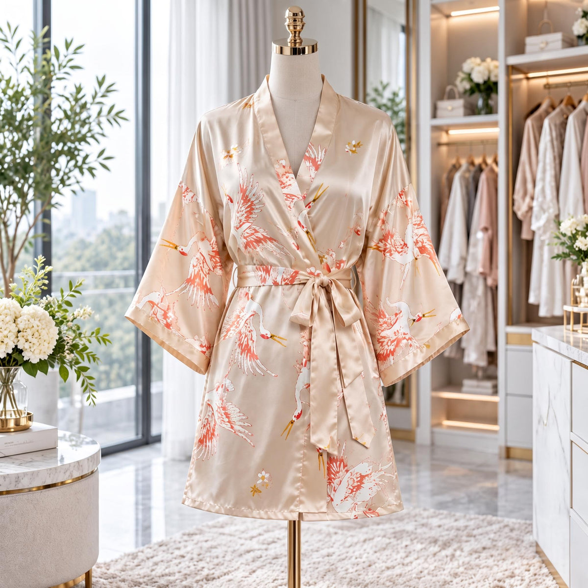 Crane Print Silk Kimono Robe with Adjustable Tie Belt-Women's Robes-Glompi-Glompi