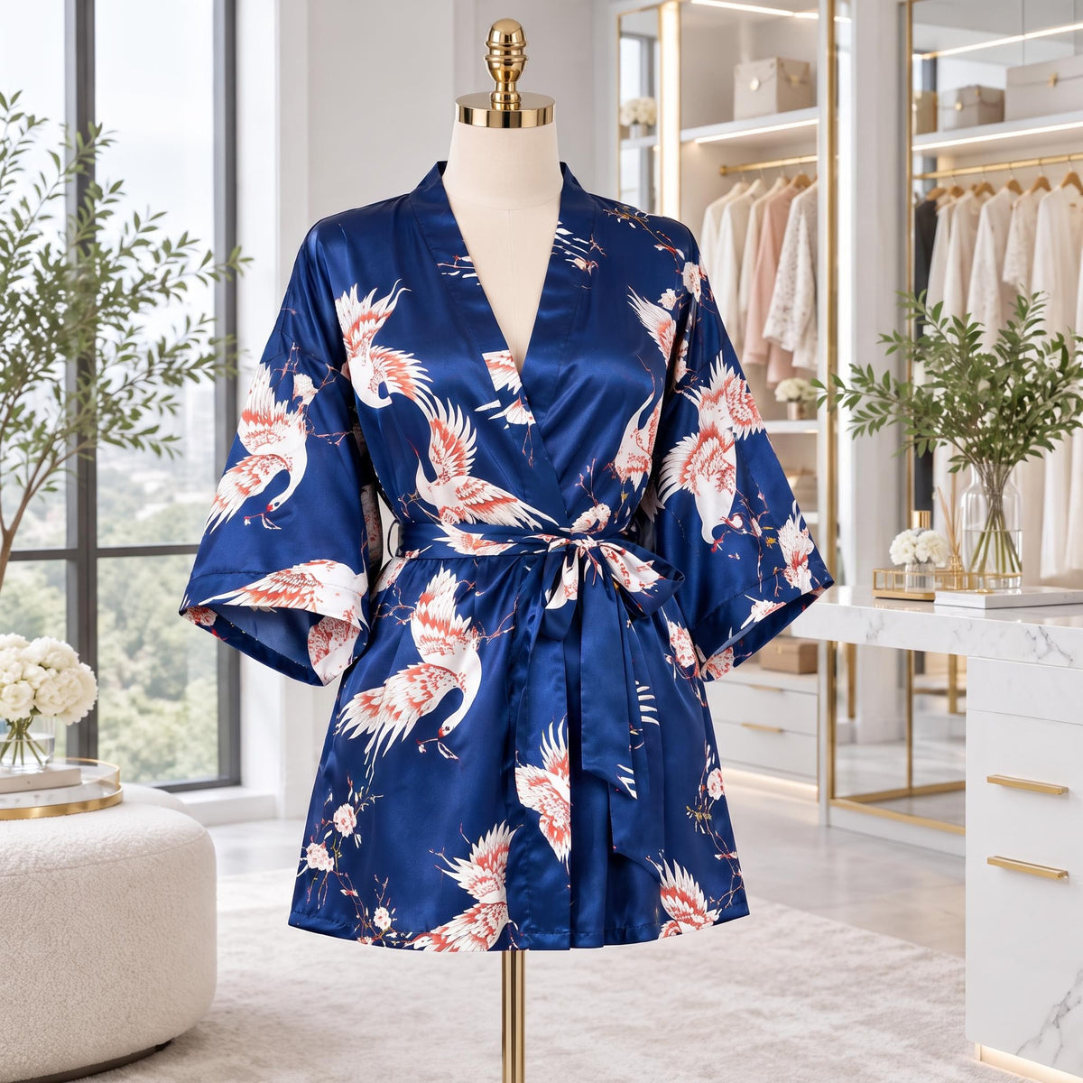 Crane Print Silk Kimono Robe with Adjustable Tie Belt-Women's Robes-Glompi-Glompi