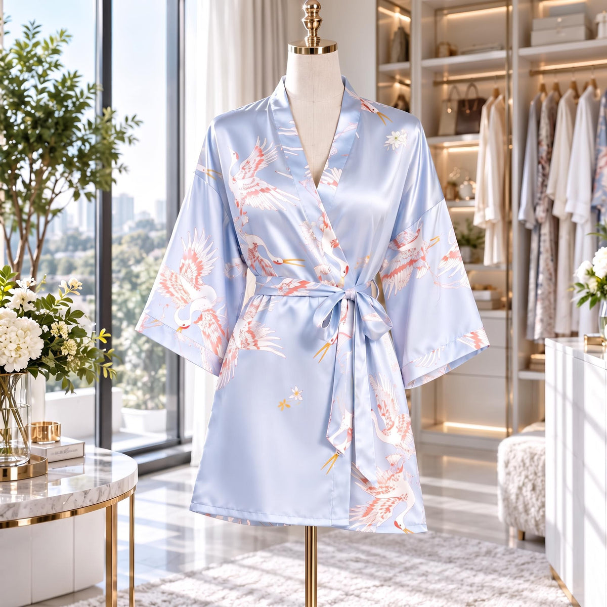 Crane Print Silk Kimono Robe with Adjustable Tie Belt-Women's Robes-Glompi-Glompi