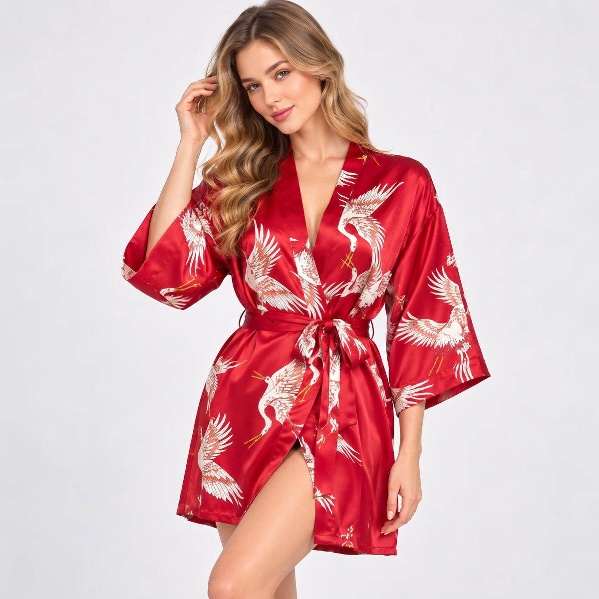 Crane Print Silk Kimono Robe with Adjustable Tie Belt-Women's Robes-Glompi-Dark Red-XS(4)-Glompi
