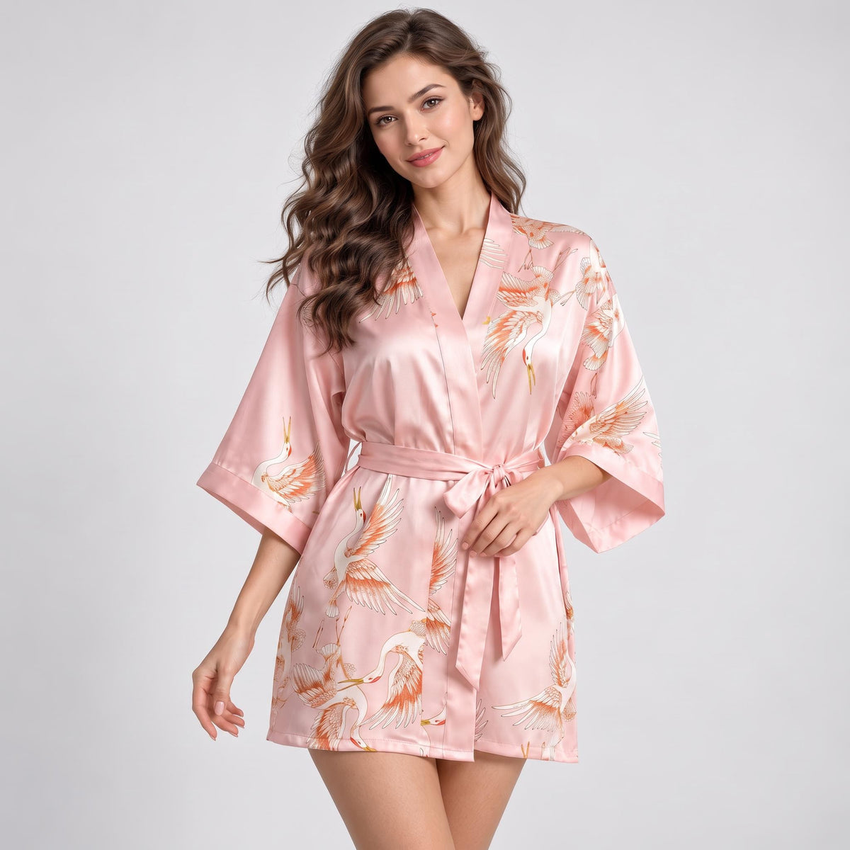 Crane Print Silk Kimono Robe with Adjustable Tie Belt-Women's Robes-Glompi-Pink-XS(4)-Glompi