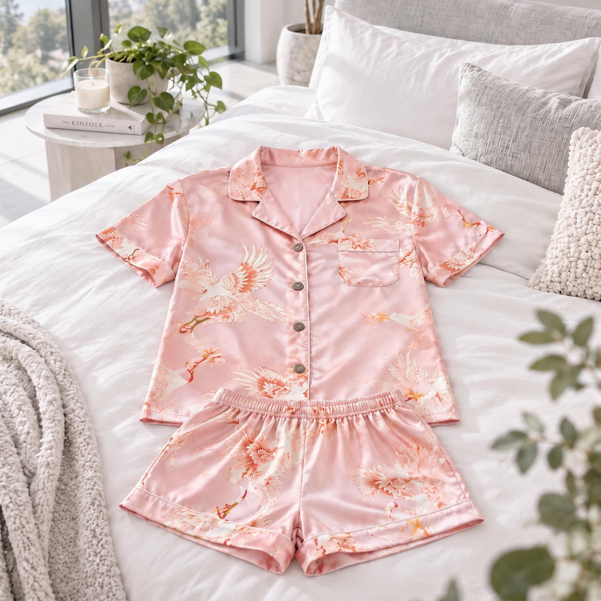 Crane Print Silk Pajama Set for Women in Relaxed Fit-Pajamas-Glompi-Glompi