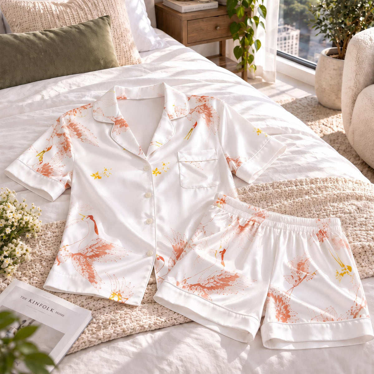 Crane Print Silk Pajama Set for Women in Relaxed Fit-Pajamas-Glompi-Glompi