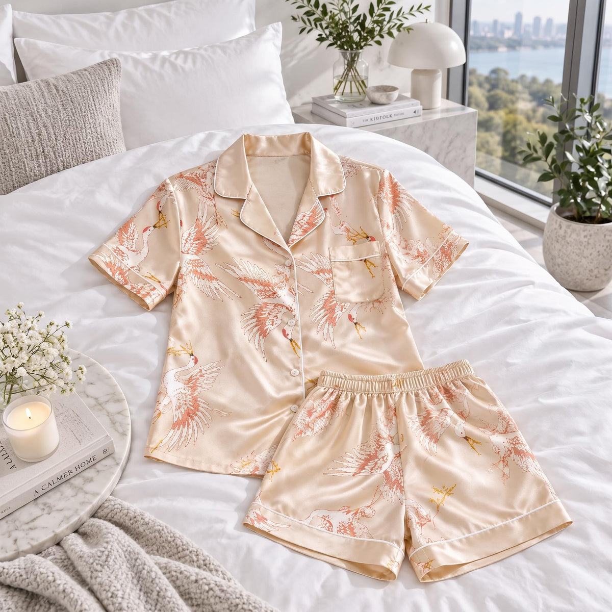 Crane Print Silk Pajama Set for Women in Relaxed Fit-Pajamas-Glompi-Glompi