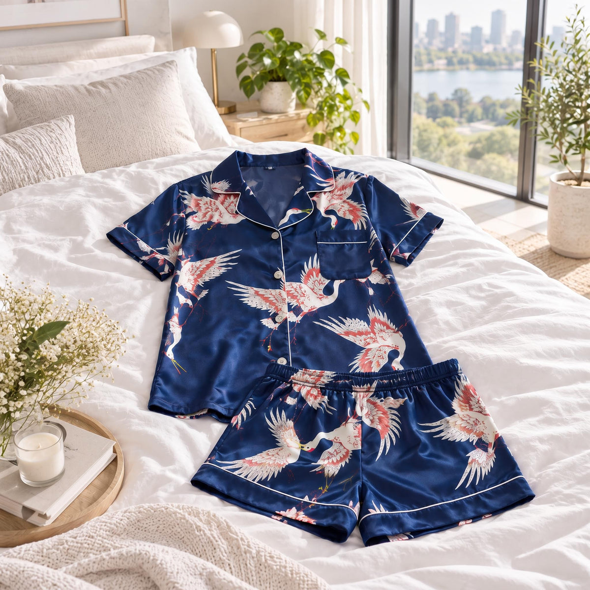 Crane Print Silk Pajama Set for Women in Relaxed Fit-Pajamas-Glompi-Glompi