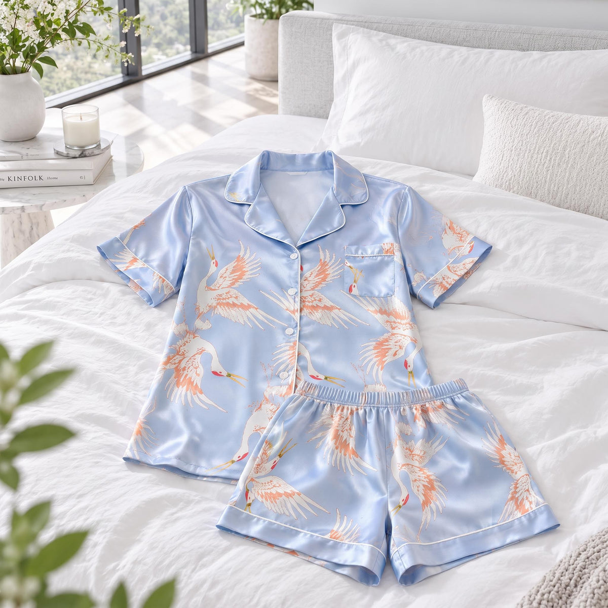 Crane Print Silk Pajama Set for Women in Relaxed Fit-Pajamas-Glompi-Glompi