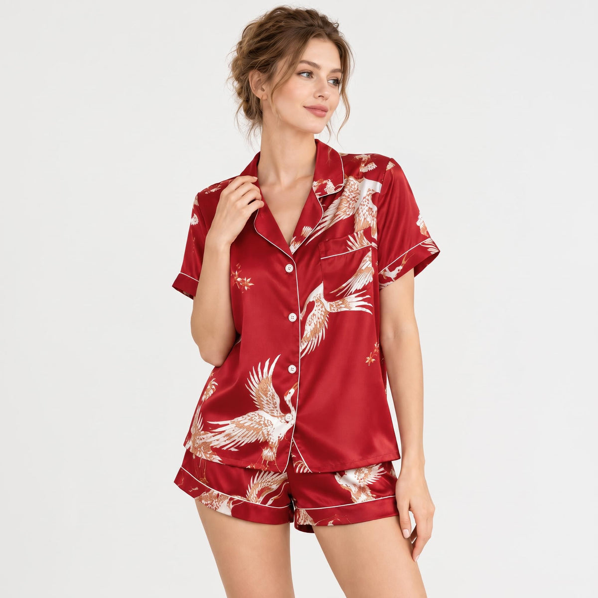 Crane Print Silk Pajama Set for Women in Relaxed Fit-Pajamas-Glompi-Dark Red-Extra Small-Glompi