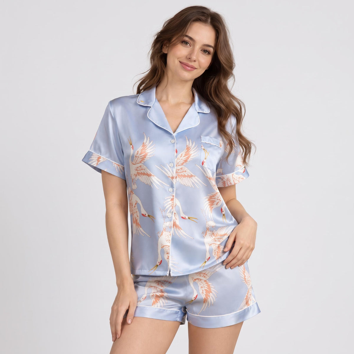 Crane Print Silk Pajama Set for Women in Relaxed Fit-Pajamas-Glompi-Light Blue-Extra Small-Glompi