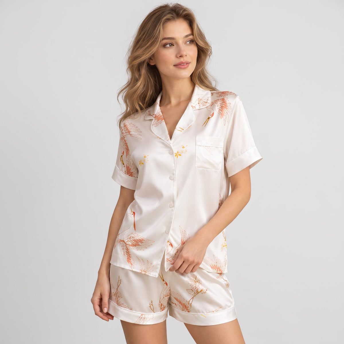 Crane Print Silk Pajama Set for Women in Relaxed Fit-Pajamas-Glompi-White-Extra Small-Glompi