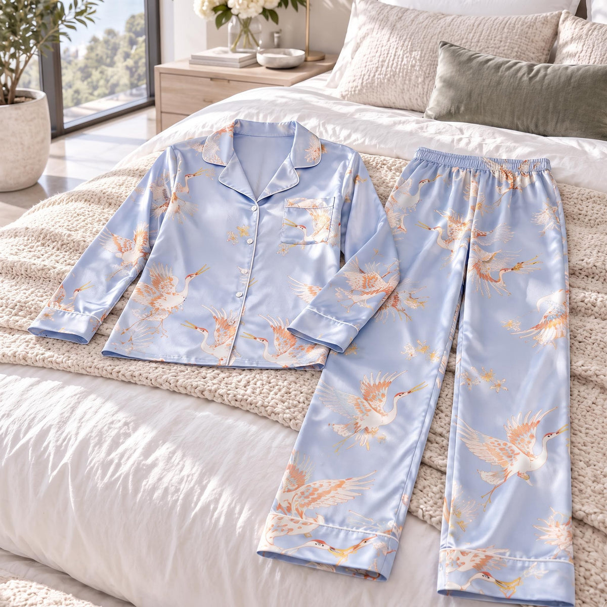 Crane Print Silk Pajama Set for Women with Long Sleeves-Sleepwear & Loungewear-Glompi-Glompi