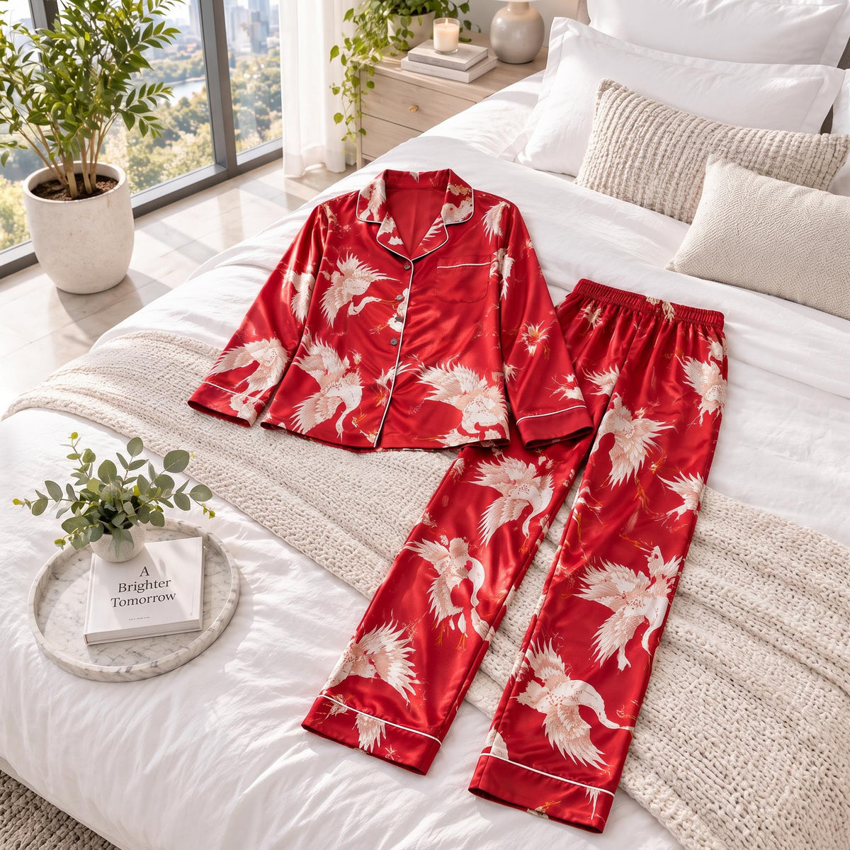 Crane Print Silk Pajama Set for Women with Long Sleeves-Sleepwear & Loungewear-Glompi-Glompi