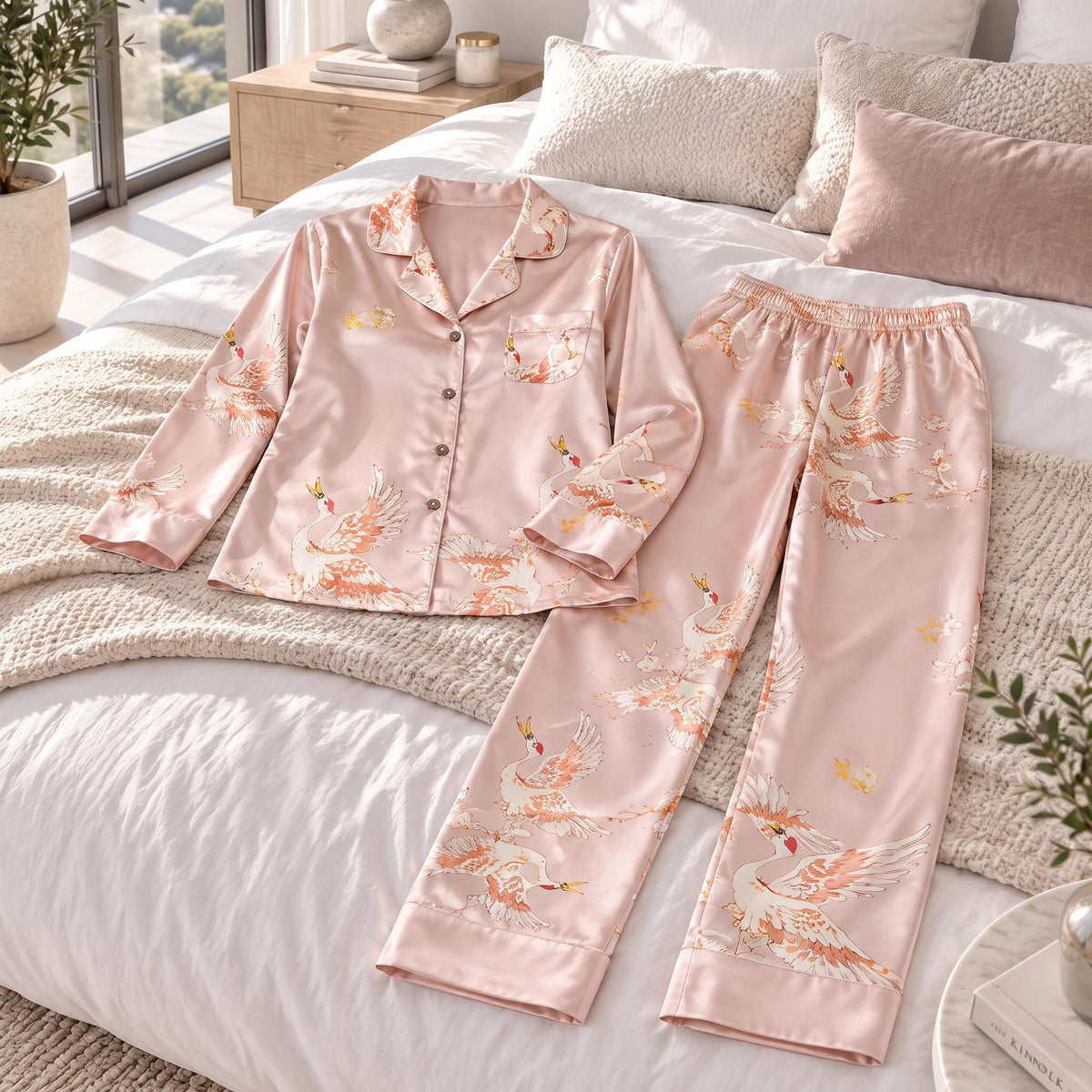 Crane Print Silk Pajama Set for Women with Long Sleeves-Sleepwear & Loungewear-Glompi-Glompi