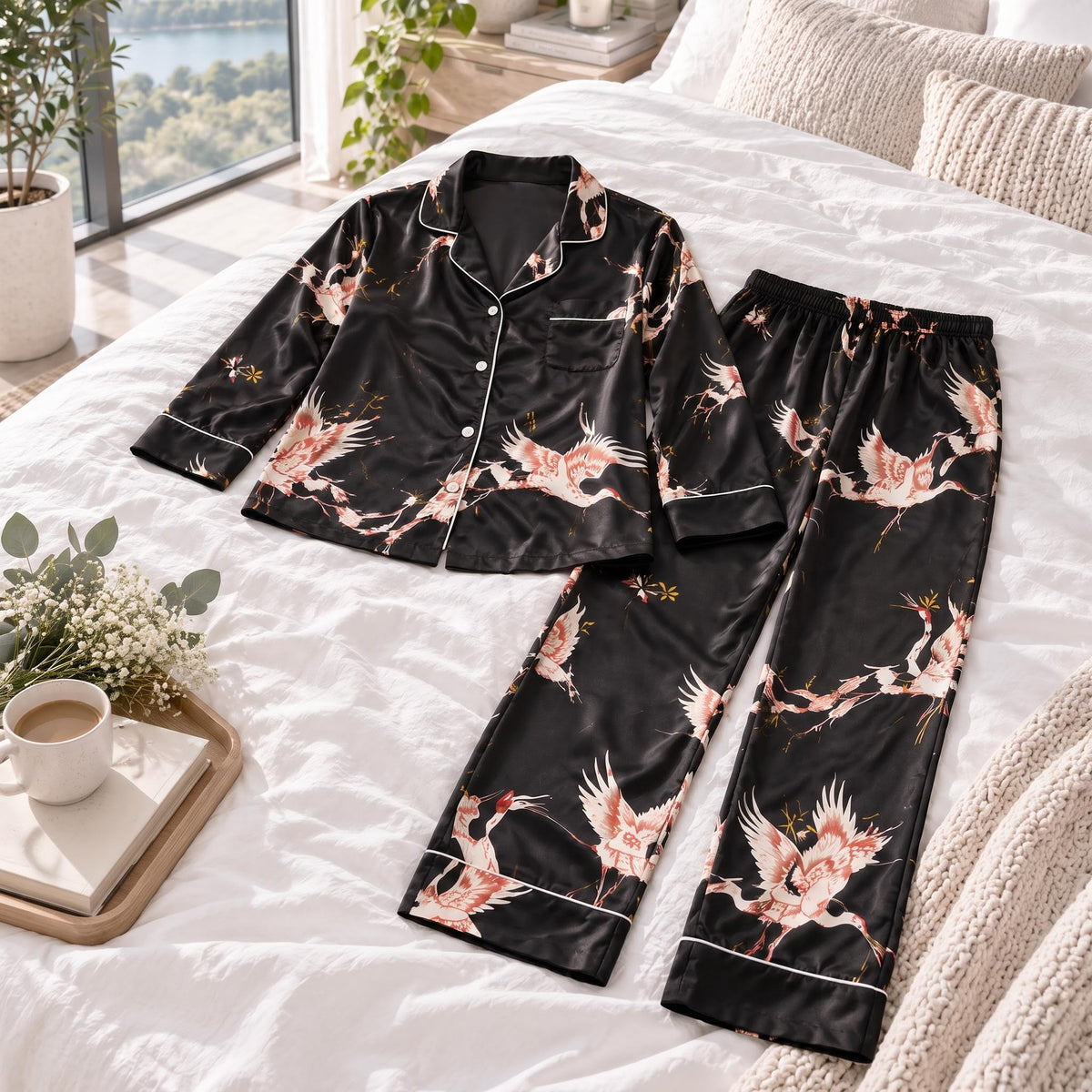 Crane Print Silk Pajama Set for Women with Long Sleeves-Sleepwear & Loungewear-Glompi-Glompi