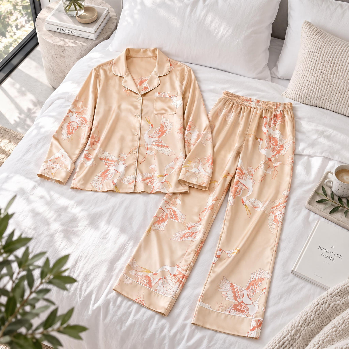 Crane Print Silk Pajama Set for Women with Long Sleeves-Sleepwear & Loungewear-Glompi-Glompi