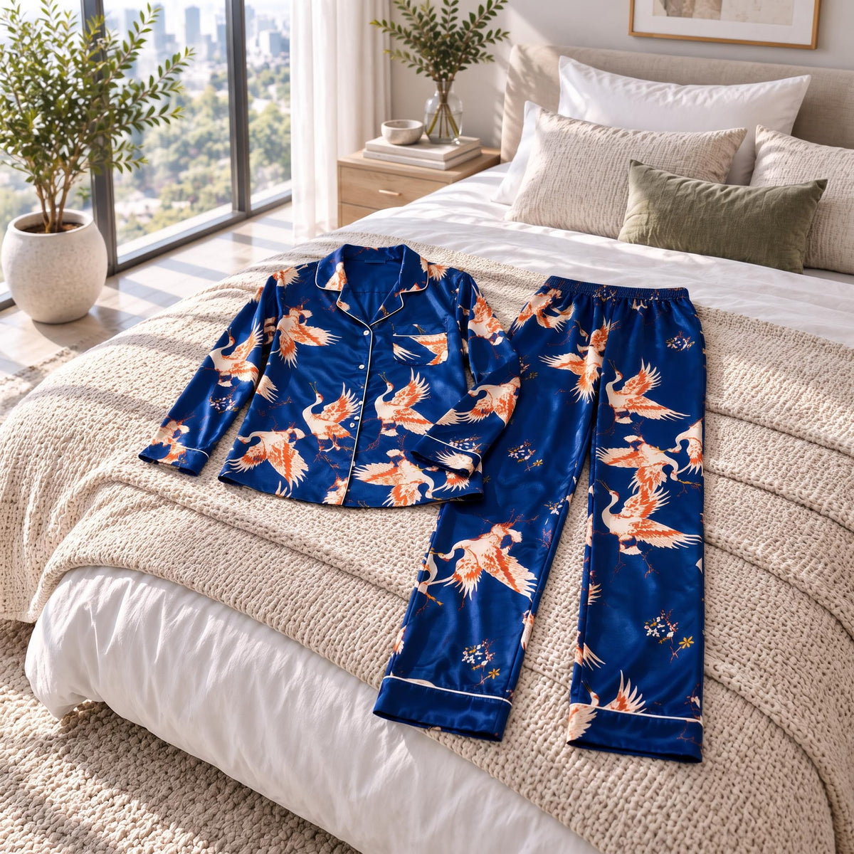 Crane Print Silk Pajama Set for Women with Long Sleeves-Sleepwear & Loungewear-Glompi-Glompi