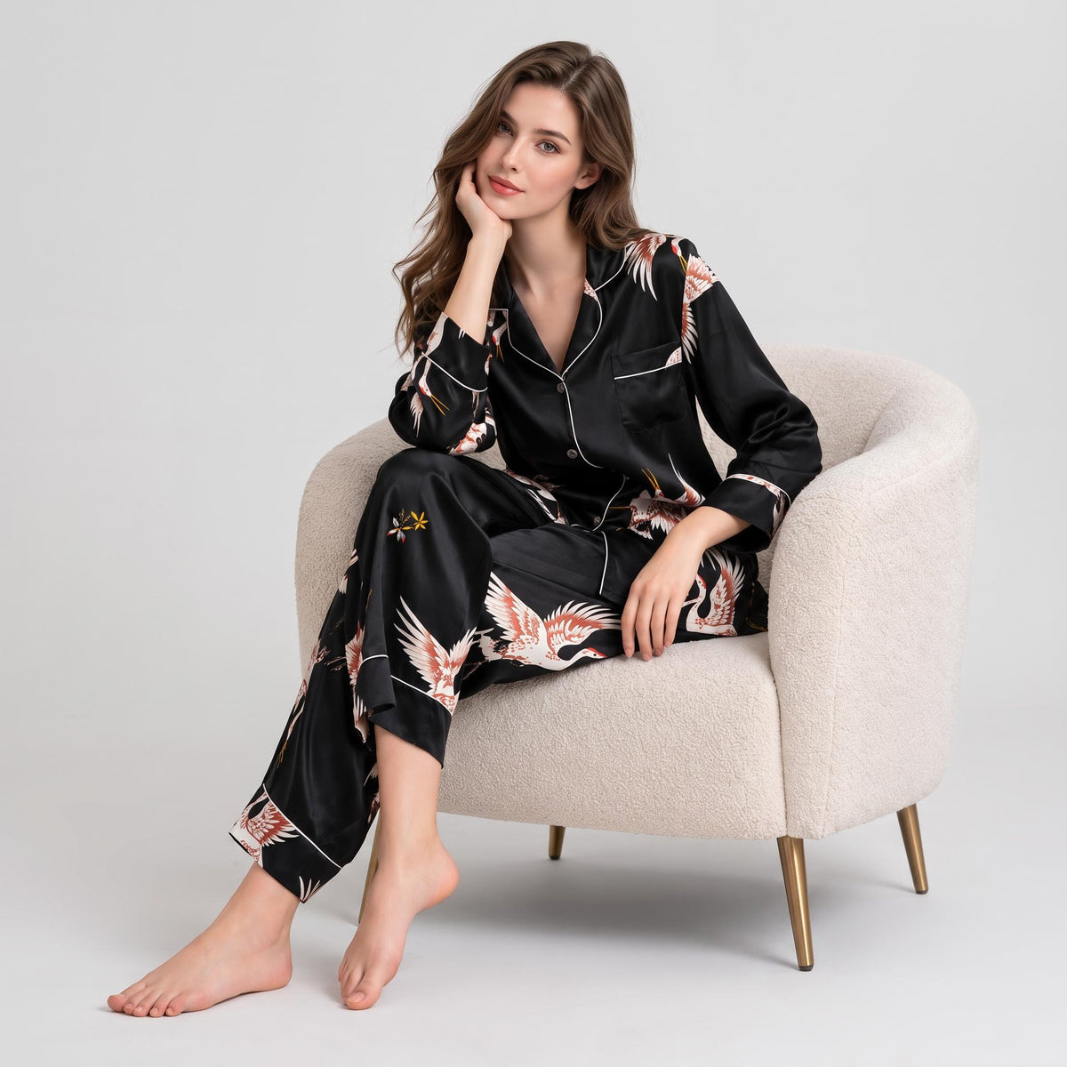 Crane Print Silk Pajama Set for Women with Long Sleeves-Sleepwear & Loungewear-Glompi-Black-Extra Small-Glompi