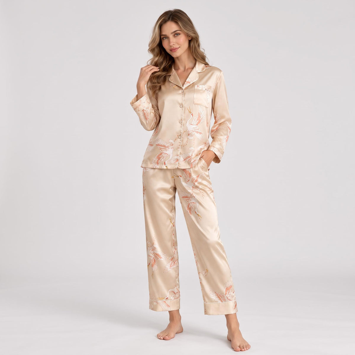 Crane Print Silk Pajama Set for Women with Long Sleeves-Sleepwear & Loungewear-Glompi-Champagne-Extra Small-Glompi