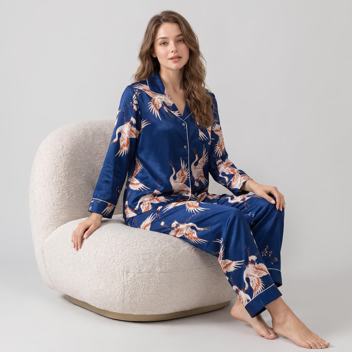 Crane Print Silk Pajama Set for Women with Long Sleeves-Sleepwear & Loungewear-Glompi-Dark Blue-Extra Small-Glompi