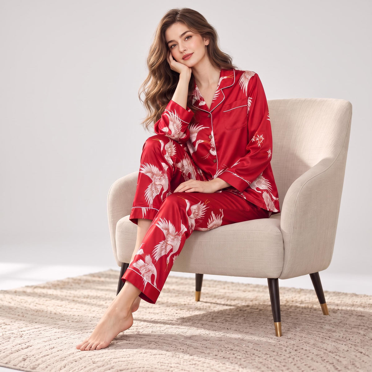 Crane Print Silk Pajama Set for Women with Long Sleeves-Sleepwear & Loungewear-Glompi-Dark Red-Extra Small-Glompi