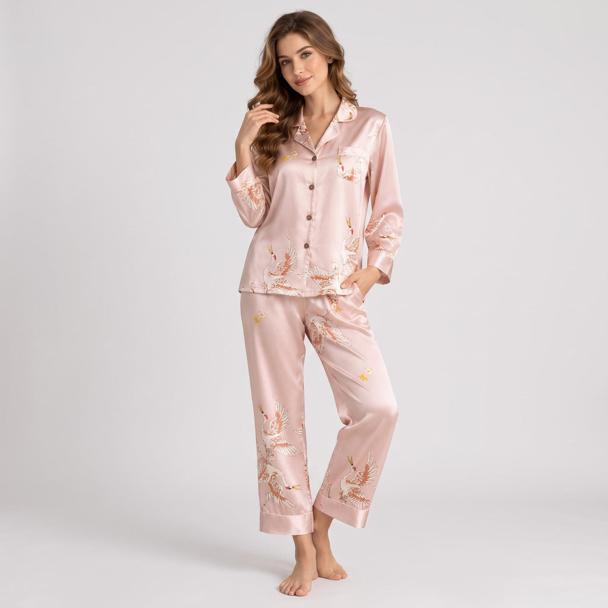 Crane Print Silk Pajama Set for Women with Long Sleeves-Sleepwear & Loungewear-Glompi-Pink-Extra Small-Glompi