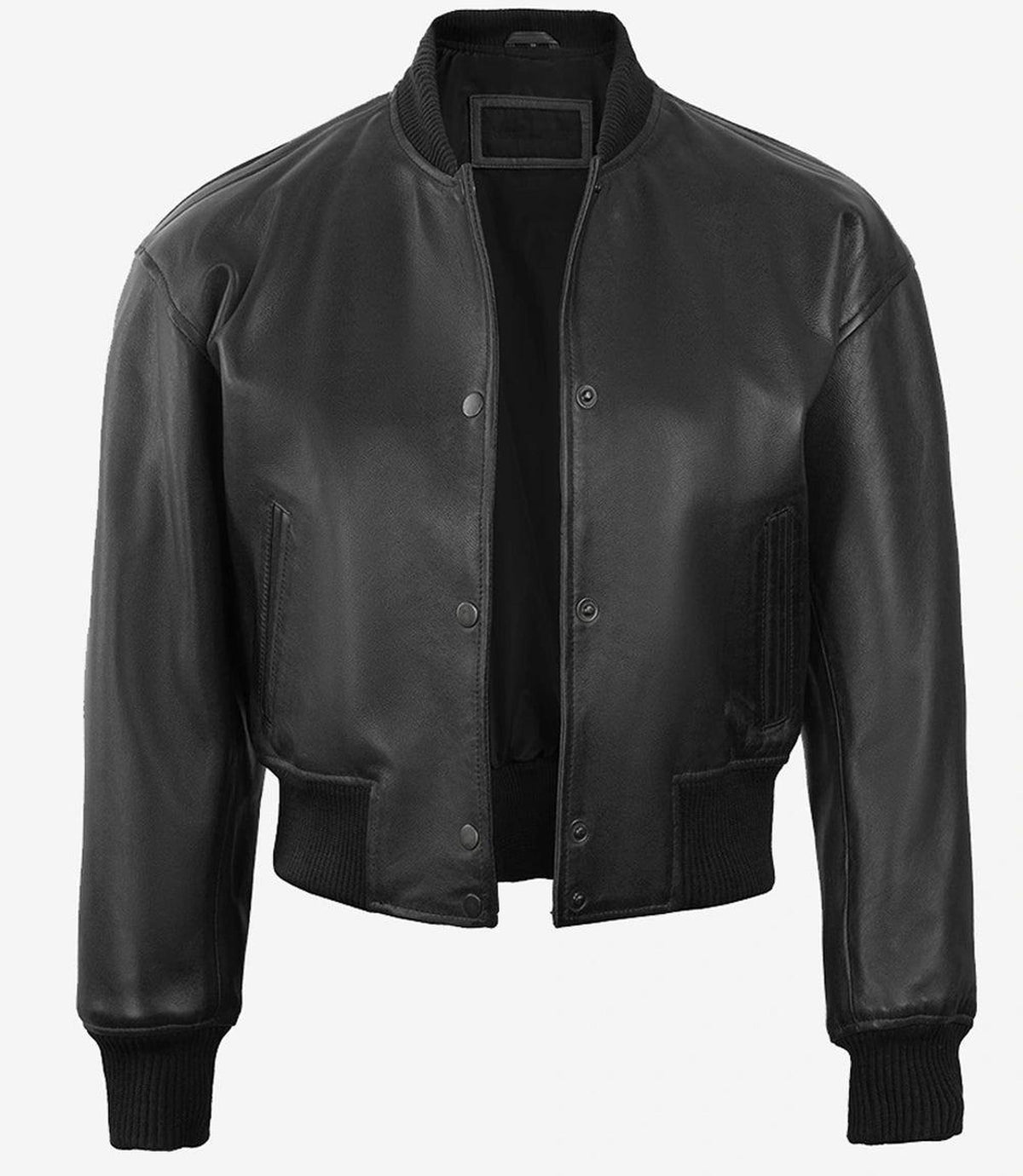 Cropped Black Bomber Leather Jacket for Women-Leather Jackets-Glompi-Glompi
