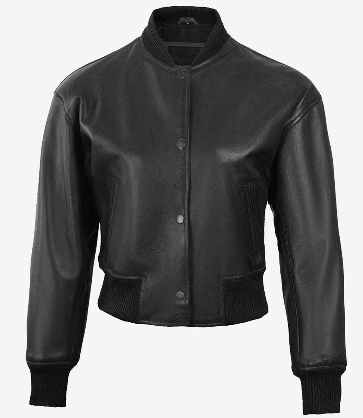 Cropped Black Bomber Leather Jacket for Women-Leather Jackets-Glompi-Glompi