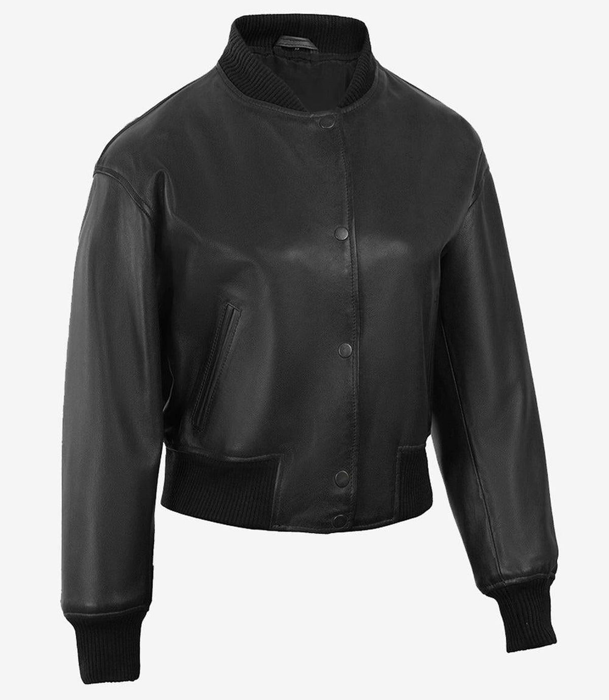 Cropped Black Bomber Leather Jacket for Women-Leather Jackets-Glompi-Glompi