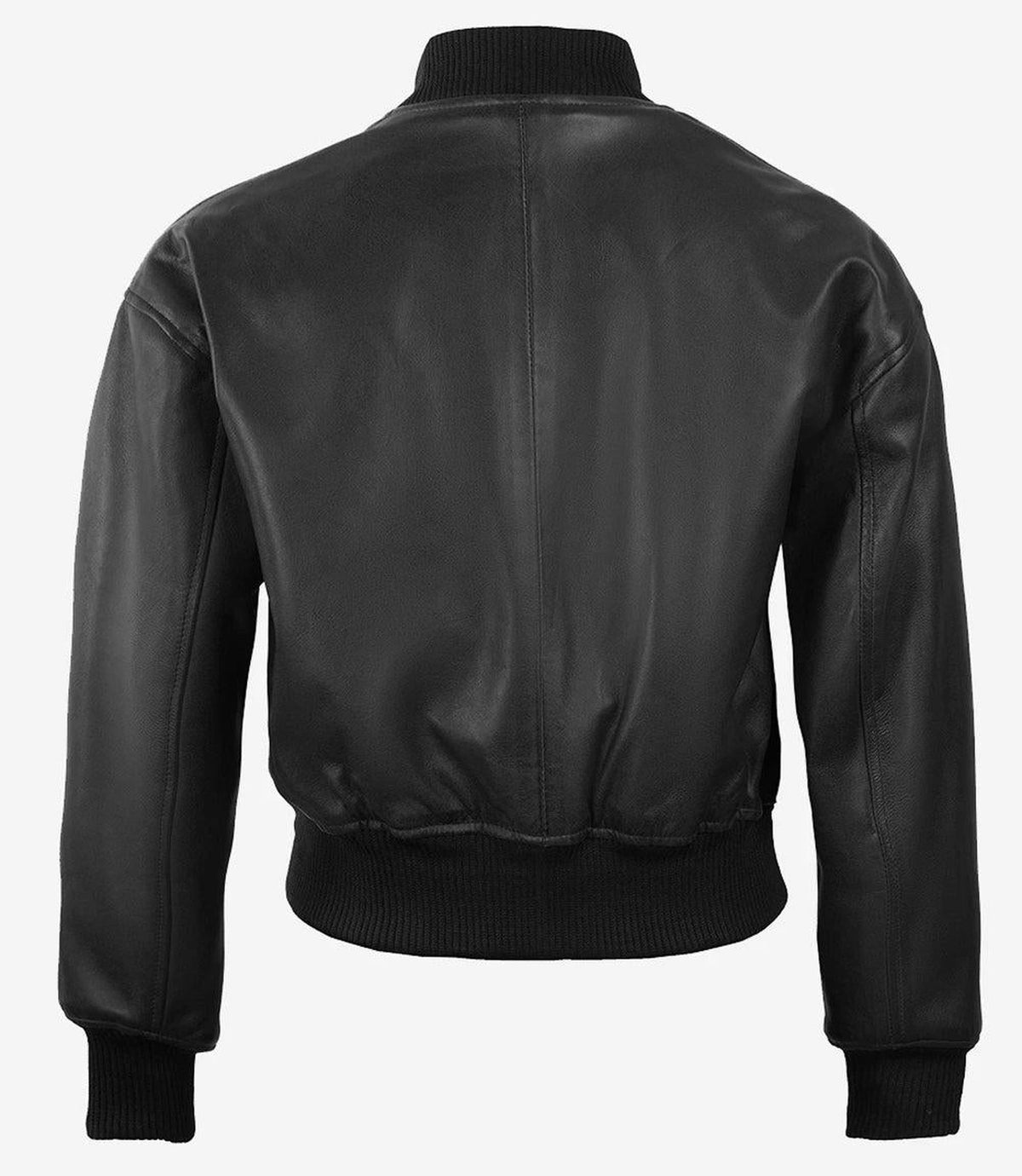 Cropped Black Bomber Leather Jacket for Women-Leather Jackets-Glompi-Glompi