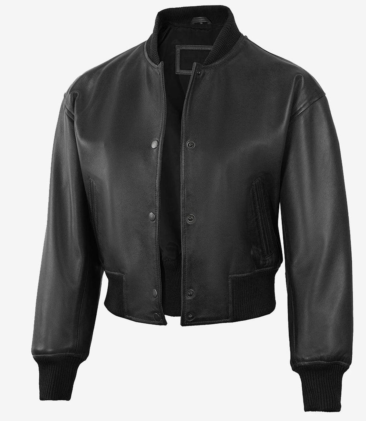 Cropped Black Bomber Leather Jacket for Women-Leather Jackets-Glompi-XS-Glompi